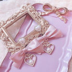 【人気♡再販♡】くすみピンクリボンハートパールラインストーンピアス　イヤリング