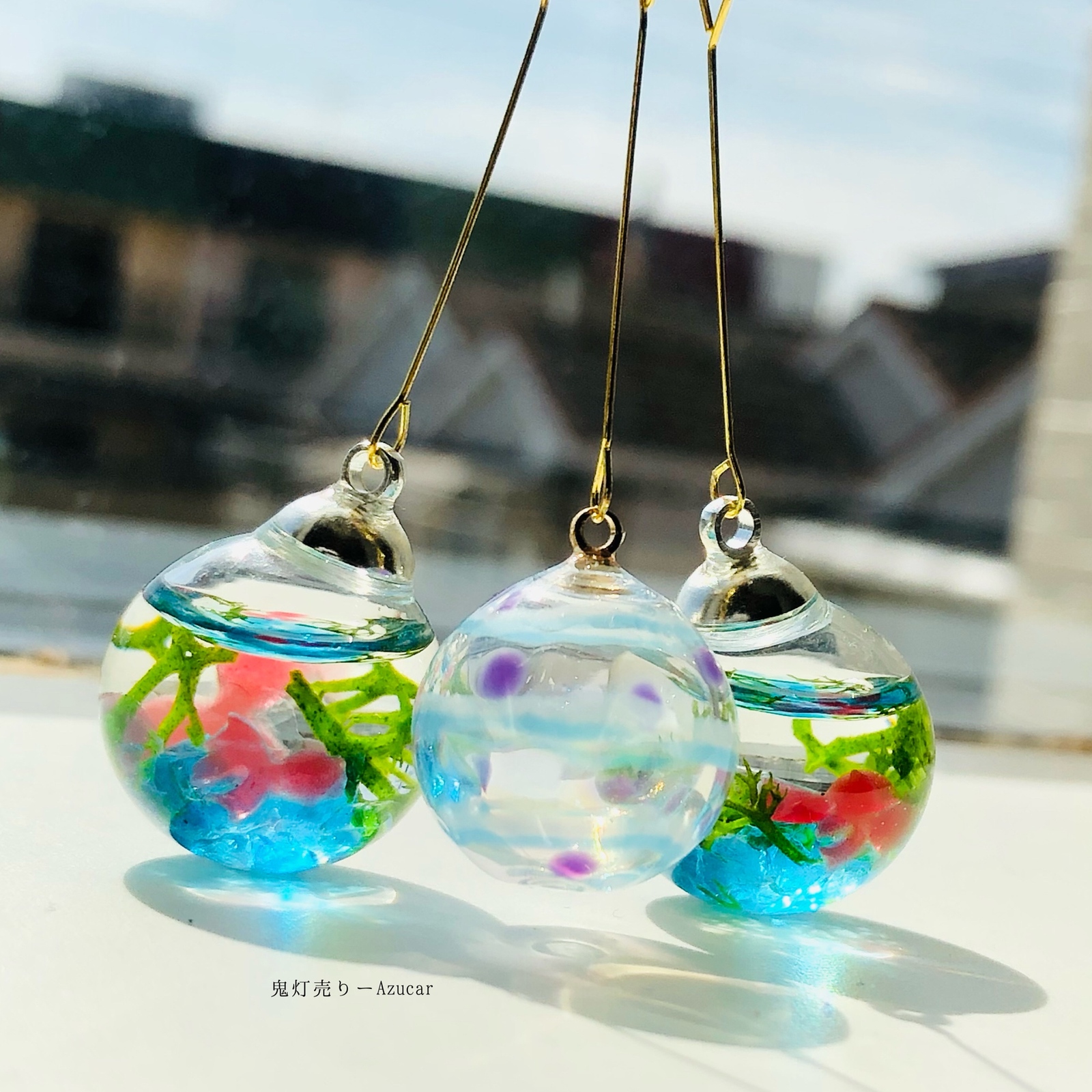 揺れる金魚鉢とシャボン玉の和風3点セットピアス　イヤリング 揺れる金魚鉢とシャボン玉の和風3点セットピアス イヤリングハー