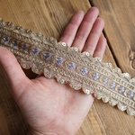 1mカット済み【インド刺繍リボン】　オーガンジー　スパンコール　リボン  【ゴールド×ライトブルー】