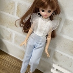 NO,172 リカちゃん服　オーガンジー　バタフライ　ブラウス　水色　テーパードパンツ　夏コーデ