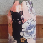 がま口ポーチ キルトゲイト百花繚乱 和柄 黒猫 牡丹 サーモンピンク メガネケース ペンケース