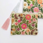 インド刺繡リボンのポーチ　ベージュ×フラワー