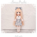 サックスブルーのシンプルな花柄のワンピース＆ヘッドリボン＆ボレロ３点セット【S】