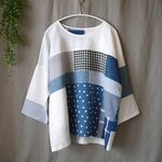 期間限定sale116☆彡着丈66cmオフ白リネン＆色々リネンパッチドロップ袖プルオーバー♪ブラウス一点物♪ハンドメイド