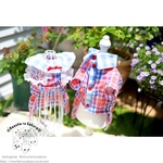 2トーンチェック ペアルック ラッフル ワンピース シャツ 夏服 犬服 薄い 通気性 オシャレバイカラー ツートンカラー 赤青 リボン サイズオーダー ハンドメイド オーダーメイド 男女 おそろい