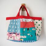 カラフル　北欧風　ランダムパッチ　横長トートBAG　帆布　赤  ハシビロコウ