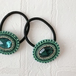 ■price down■オーバル型ビジュー/大ぶりビーズ刺繍ヘアゴム（グリーン）