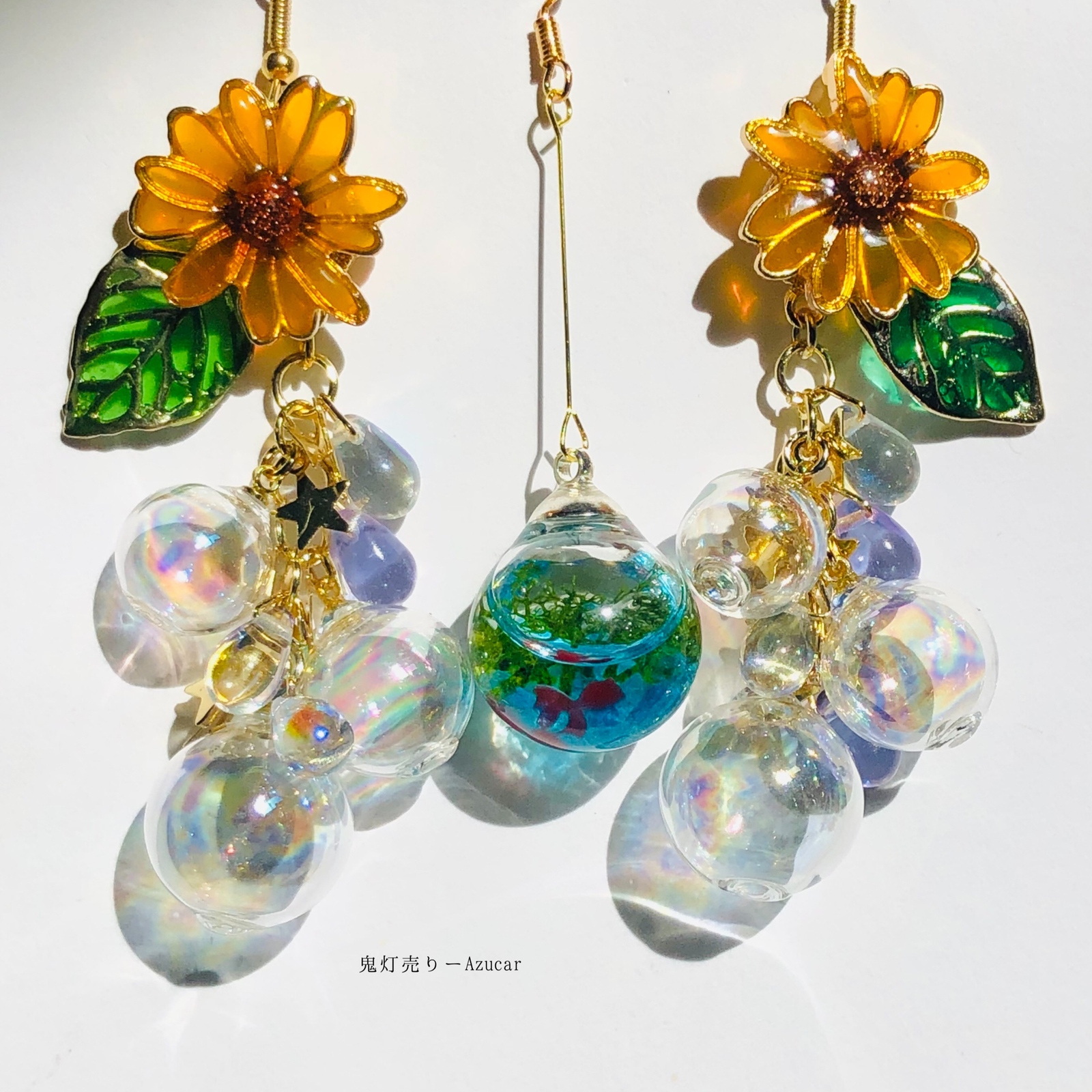 向日葵と動く金魚の和風ピアス　イヤリング(初夏コーデ3点セット)シャボン玉多め★ 向日葵と動く金魚の和風ピアス イヤリング(初夏コーデ3点セット