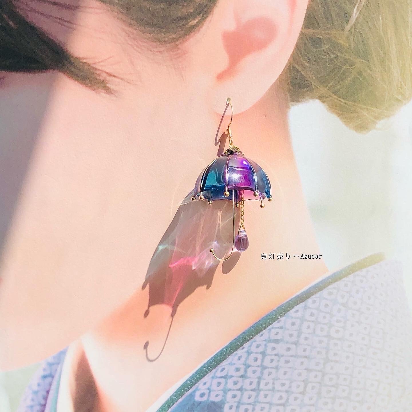 動く金魚と海空色の傘 和風ピアス イヤリング(初夏コーデ3点セット 