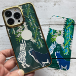 iPhone13Pro用浮世絵ネコさん＆ハワイアンフラワー3Wayメタリックバンパーソフトクリアケースセット・フラワーレイ
