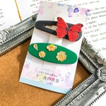 レトロパッチン留め2個セット◇蝶とお花のレトロパッチン留め◇レッド＆グリーン系