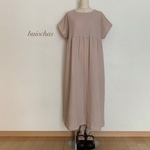 Wガーゼ 半袖ゆったり切り替えワンピース(beige)