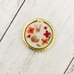 うさぎとお花＊押し花レジンのスマホリング　ゴールド