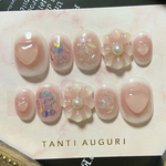 ハートネイル　ネイルチップ　韓国　ピンク　03 ニュアンス　オーロラ　日光で色が変わるハート　ストーン　石　乳白色　ホワイト