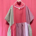 アンティーク風リネン４色切替ワンピース 赤系