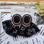 インド刺繍 ピアス おおぶり  ビーズ刺繍 カボション シルバー ブラック  刺繍リボン ロング タッセル 大ぶり
