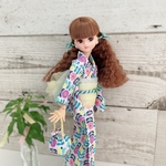  リカちゃん服 浴衣 【レトロお花ブルー系×檸檬色兵児帯】 リカちゃん着物