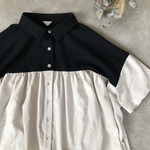 New:✳︎柔らか綿麻ワッシャー✳︎ゆったりヨークギャザー半袖シャツブラウス（ホワイトベージュ×ブラック）