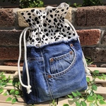 デニムリメイクダルメシアン柄 ショルダーバッグ おむつポーチ 巾着袋 巾着 巾着バッグ 小物入れ リメイク デニム 