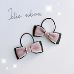 再販！2点セット　黒×ピンク白ステッチ　ダブルリボン　こども　ヘアゴム 