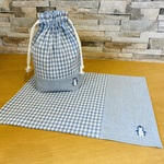 給食セット　給食袋とナフキンの2点セット　みずいろ生地/ペンギンの刺繡