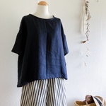 𓂃𓂃ヨーロッパリネンの夏のふんわりプルオーバーブラウス/Tシャツブラウス/ネイビー