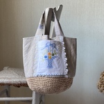 autumnアンティーク青ラインリネン＆花かご刺繍のかごバッグ＊エコ＊eco
