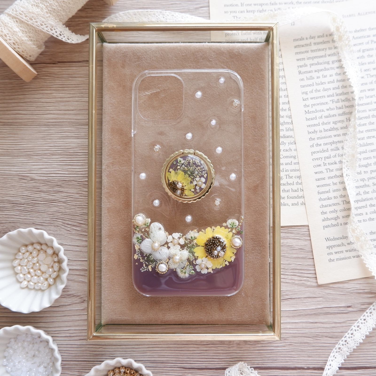 ❁スマホリング付き❁ 向日葵のボタニカルライン❁.*･ﾟドライフラワースマホケース
