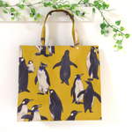  ペンギンの群れ！ラミネートバッグ　マスタード　Ｌサイズ