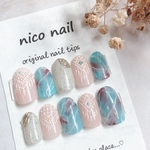 ターコイズ　ニュアンス　クロッシェアート♡ネイルチップ　大理石　クロッシェアート　夏ネイル　浴衣　花火　デート　