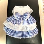 犬服　ギンガムチェックブルーとコットンレースのふんわりワンピース　