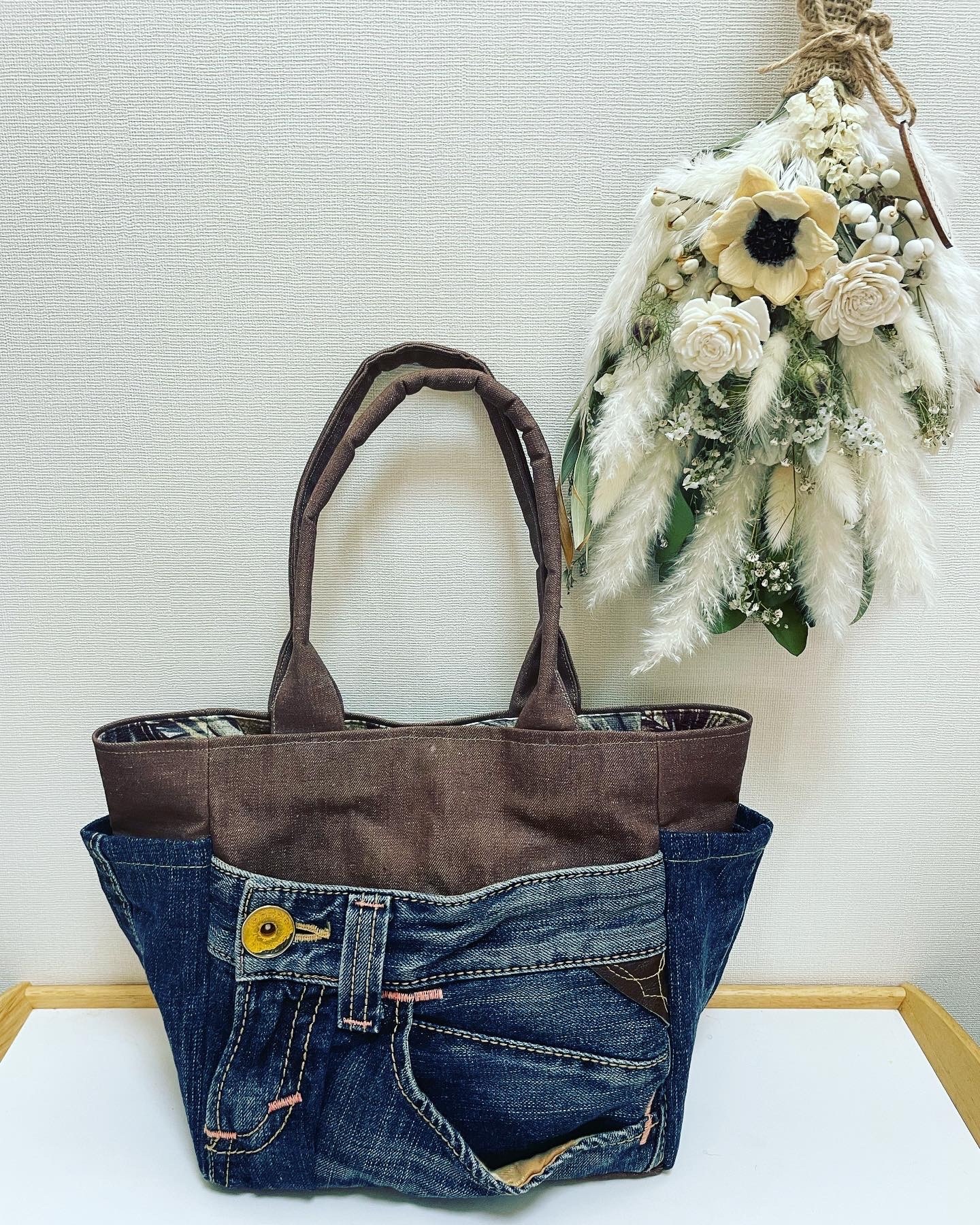 mhktp♡♡♡デニムリメイク トートバッグ デニムリメイク サイドポケット付きバッグ 肩掛けタイプ
