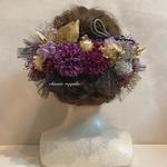 【haru様 専用出品】セミオーダー purple gold black tulle ribbon ヘッドドレス 卒業式 成人式 ウエディング  髪飾り