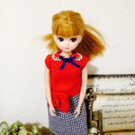 22cmドール服 チェック×レッド