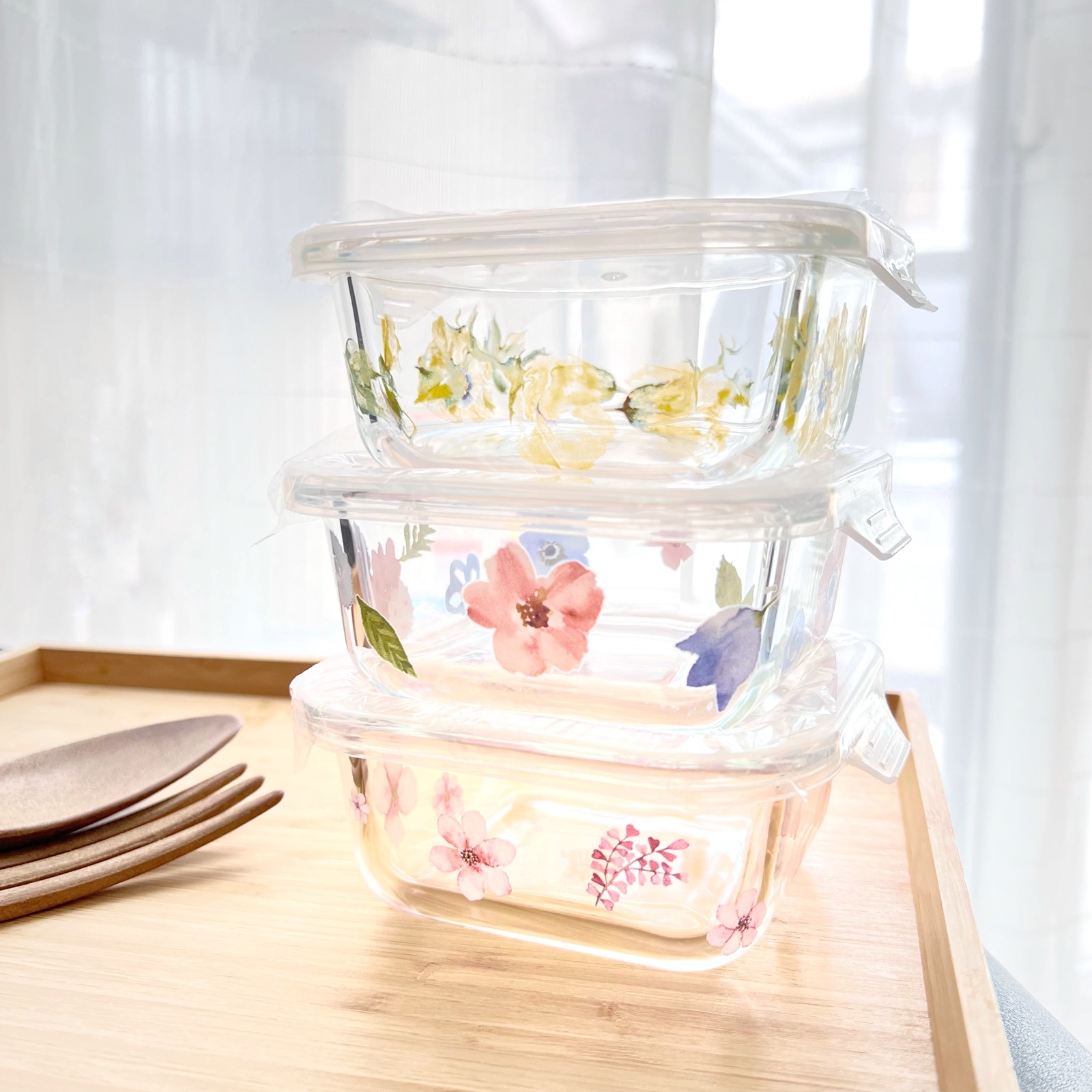春らしい爽やかイエロー 花柄 耐熱ガラス容器 タッパー - M
