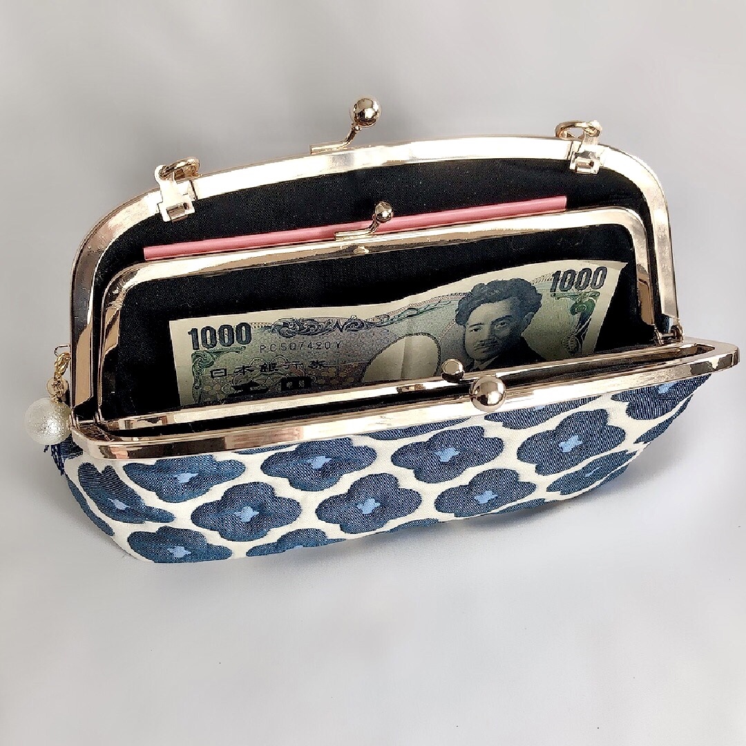 親子がま口お財布　ハンドメイド　革 親子がま口財布・小物入れ インド刺繍リボンと牛革レザー BLACK