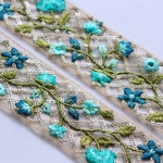 インド刺繍リボンᢂ格子柄フラワーリボン【ブルー】刺繍リボン 刺繍リボン トリム ブレード ジャガードリボン チロリアンテープ レース チュールレース