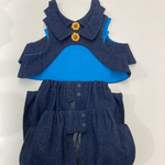 [Navy] ひまわりボタン付き　aiboちゃんの8オンスデニムのイケてるシャツ&スリット入り短パン　セットアップ　完成品