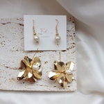 〈 NEW 〉long gold flower  コットンパール/ フラワー /フープ /マットゴールド / お呼ばれ