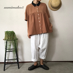 ✳︎柔らか綿麻ワッシャー✳︎ゆったりヨークギャザー半袖シャツブラウス（ココアブラウン×ブラック）