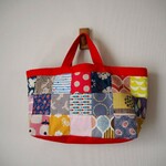 カラフル　北欧風　四角パッチ　横長トートBAG　帆布　赤　♪　アヒル　イチゴ　