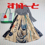 443  スカート　猫　ネコ　手ぬぐい　手拭い　リメイク　ハンドメイド　古布　手ぬぐいリメイク　着物リメイク　浴衣リメイク　ウエストゴム　ロングスカート　和　