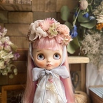 アンティーク風のお花のヘッドドレス❁グレーのシフォンのリボン☆ネオブライス☆ドライフラワーとプリザーブドフラワー