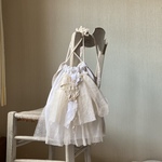 2WAYアンティーク*リネン＆チュールレース巾着バッグ*ブローチ付き*ショルダーバッグ*whitework