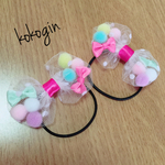 カラフルポンポン入りドットチュールリボンヘアゴム ピンク＊メロン