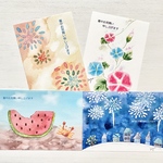 🍉透明水彩画　夏ポストカー4枚セット イラスト　ポストカード　暑中見舞い　残暑見舞い　暑中見舞いハガキ　残暑見舞いハガキ　朝顔　アサガオ　花　カニ　スイカ　花火　