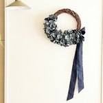 送料込み:hanairo/artificialデニム紫陽花ハーフリース|リボン付き|ネイビーブラック&オールドブルー