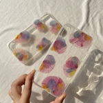 【flower puddle】押し花スマホケース　全機種対応　14 12 13 SE3 SE2 7 8 11 xperia aquos ソフトケース　手帳型ケース　バンパーケース 水玉　カラフル　虹