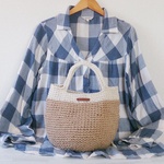 麻紐バッグ M（丸底：白×ベージュ タグ付）麻バッグ 麻ひもバッグ  あさひもバッグ   春夏バッグ 