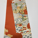 半幅帯   松竹梅菊刺繍　流水柄　朱赤　正絹　長尺